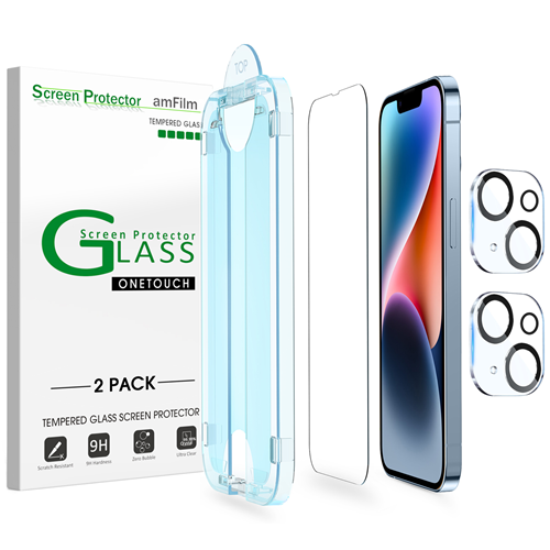 (2 Pack) amFilm iPhone 14 / iPhone 13 / iPhone 13 Pro OneTouch Glass Screen  Protector (6.1)